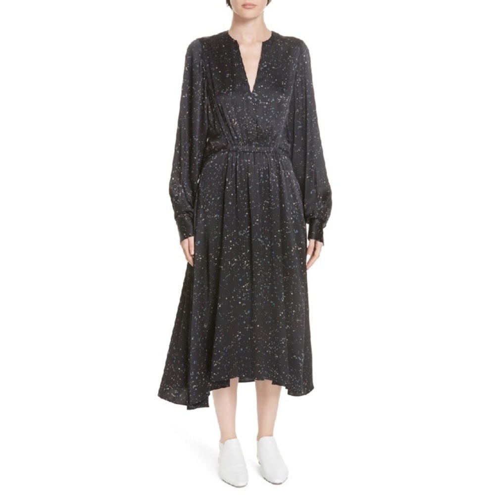 Vince Constellation Print Poet High Low Long Sleeve Black Multi Midi Dress EUC M